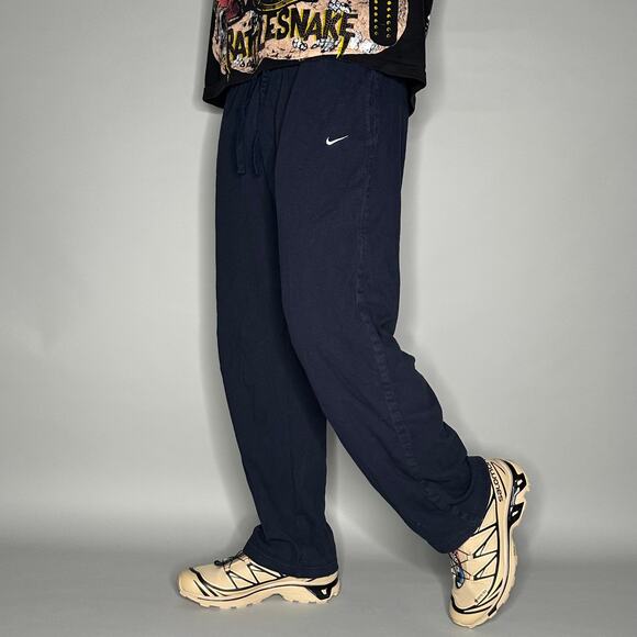 Nike Sweatpants Navy Blue Cotton White Swoosh Baggy Wide Leg - Picture 1 of 4